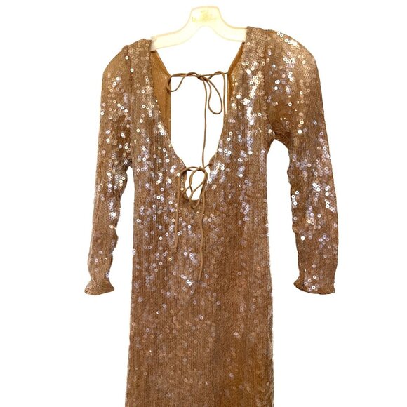 Bardot Verona Sequin Maxi Dress US Size 10 Long Sleeve Tie Back Champagne - Picture 4 of 10